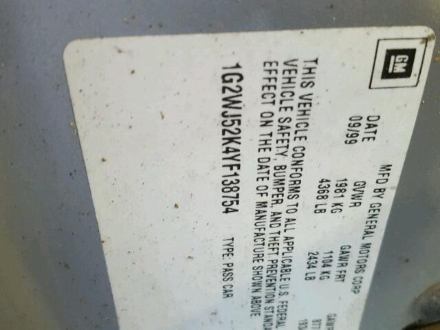 1G2WJ52K4YF138754 - 2000 PONTIAC GRAND PRIX SILVER photo 10