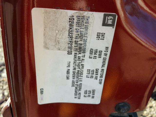 1G2WK52J81F218133 - 2001 PONTIAC GRAND PRIX MAROON photo 10