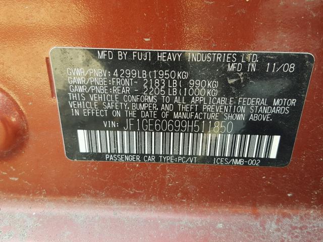 JF1GE60699H511850 - 2009 SUBARU IMPREZA 2. RED photo 10