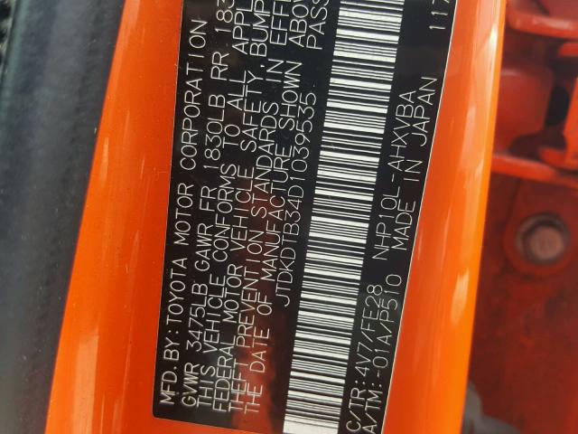 JTDKDTB34D1039535 - 2013 TOYOTA PRIUS C ORANGE photo 10