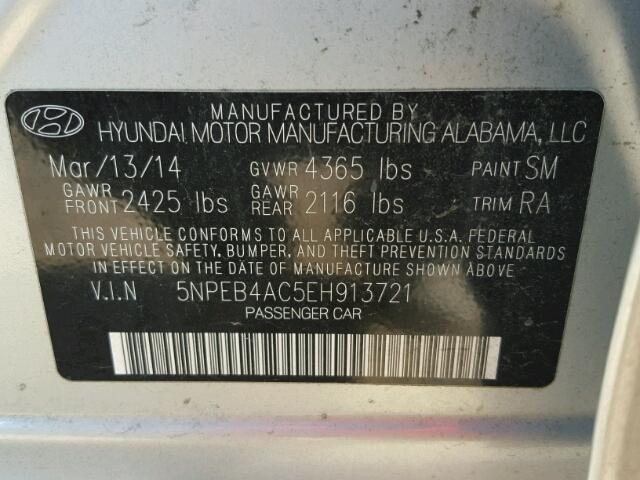 5NPEB4AC5EH913721 - 2014 HYUNDAI SONATA SILVER photo 10