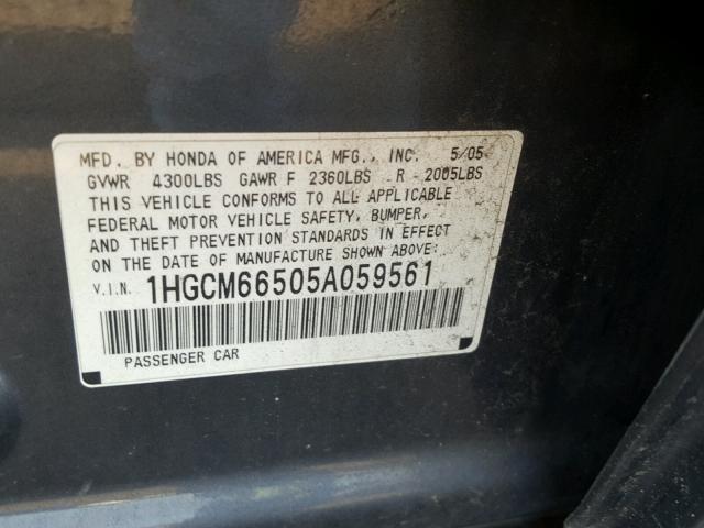 1HGCM66505A059561 - 2005 HONDA ACCORD EX GRAY photo 10