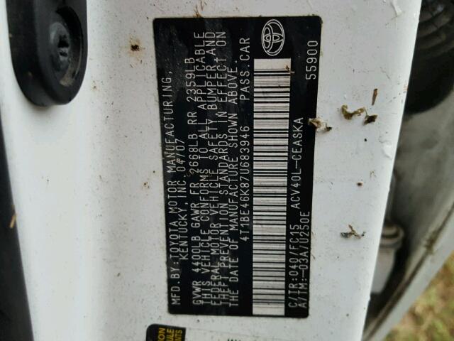 4T1BE46K87U683946 - 2007 TOYOTA CAMRY NEW WHITE photo 10