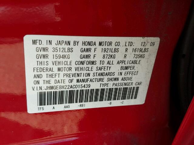JHMGE8H22AC015439 - 2010 HONDA FIT RED photo 10