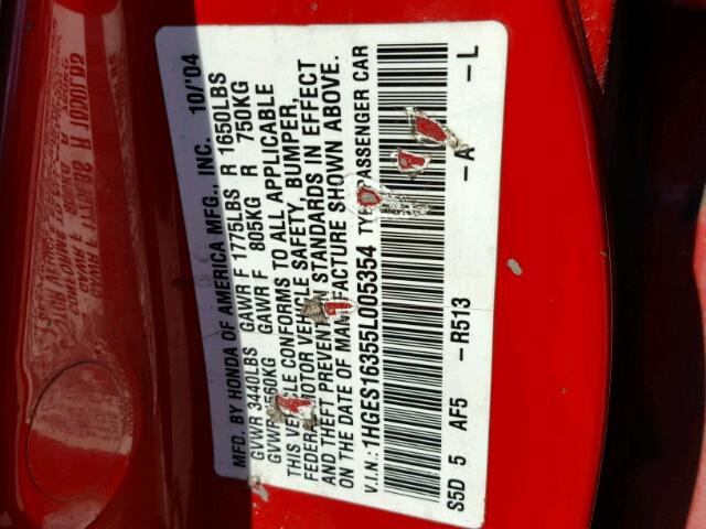 1HGES16355L005354 - 2005 HONDA CIVIC DX V RED photo 10