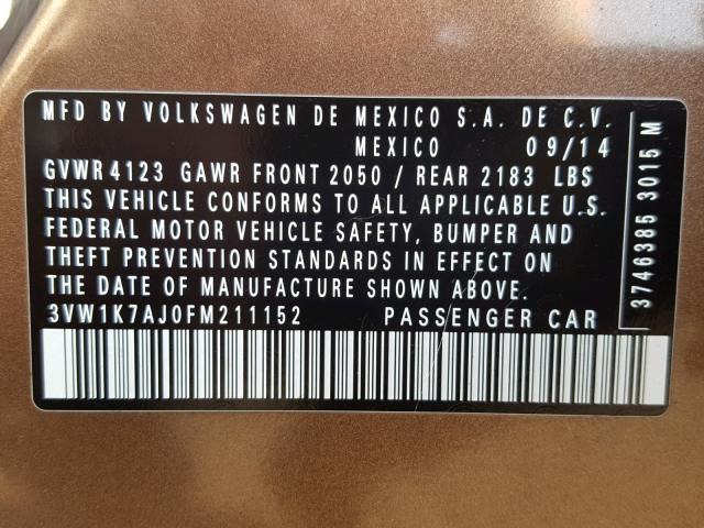 3VW1K7AJ0FM211152 - 2015 VOLKSWAGEN JETTA BASE 棕色 照片 10