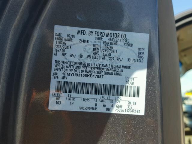 1FMYU93156KB17887 - 2006 FORD ESCAPE GRAY photo 10