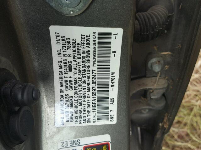 1HGFA16597L052477 - 2007 HONDA CIVIC SILVER photo 10