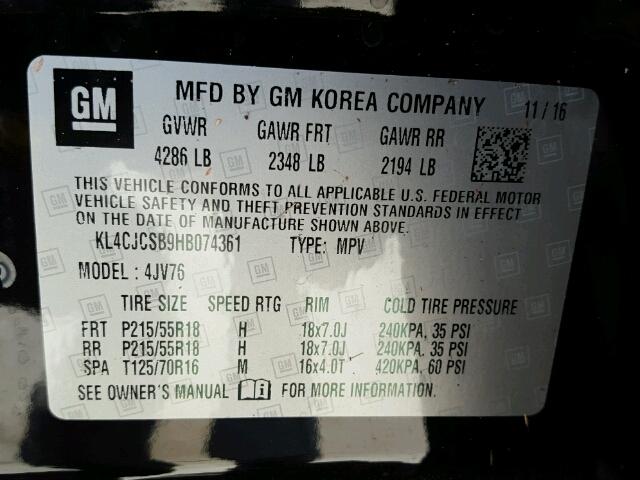 KL4CJCSB9HB074361 - 2017 BUICK ENCORE ESS BLACK photo 10