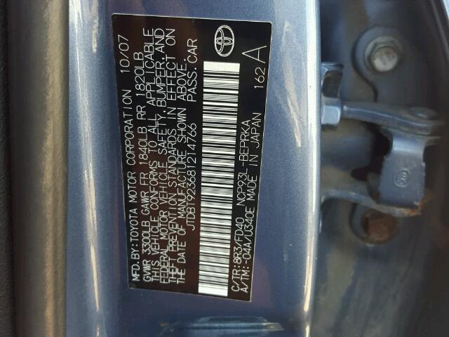 JTDBT923681214766 - 2008 TOYOTA YARIS BLUE photo 10