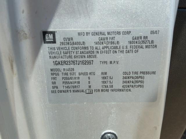 1GKER23767J162997 - 2007 GMC ACADIA SLT ვერცხლისფერი ფოტო 10