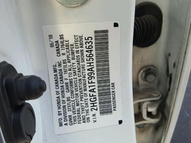 2HGFA1F99AH564635 - 2010 HONDA CIVIC EXL WHITE photo 10