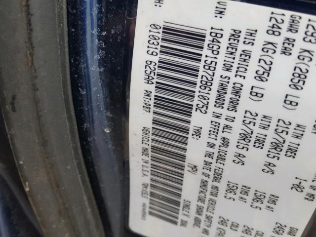 1B4GP15B72B610752 - 2002 DODGE CARAVAN EC BLUE photo 10