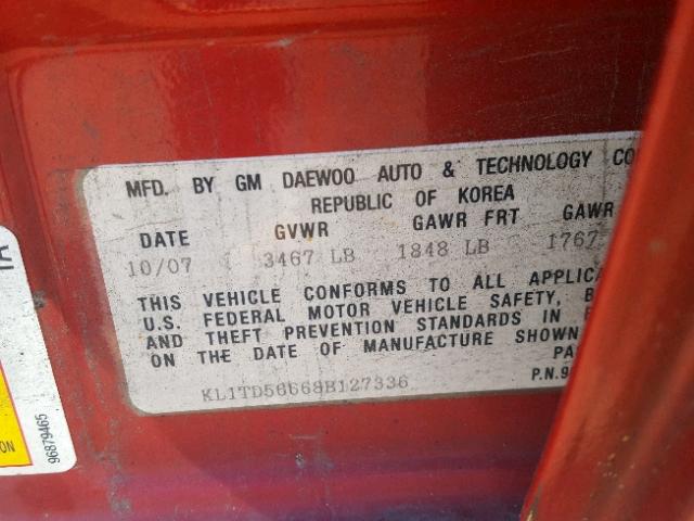 KL1TD56668B127336 - 2008 CHEVROLET AVEO BASE Қызыл фото 10