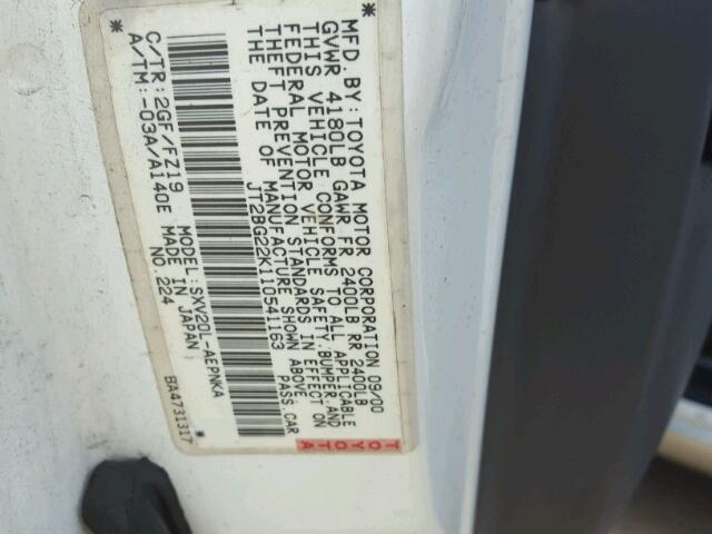 JT2BG22K110541163 - 2001 TOYOTA CAMRY CE WHITE photo 10