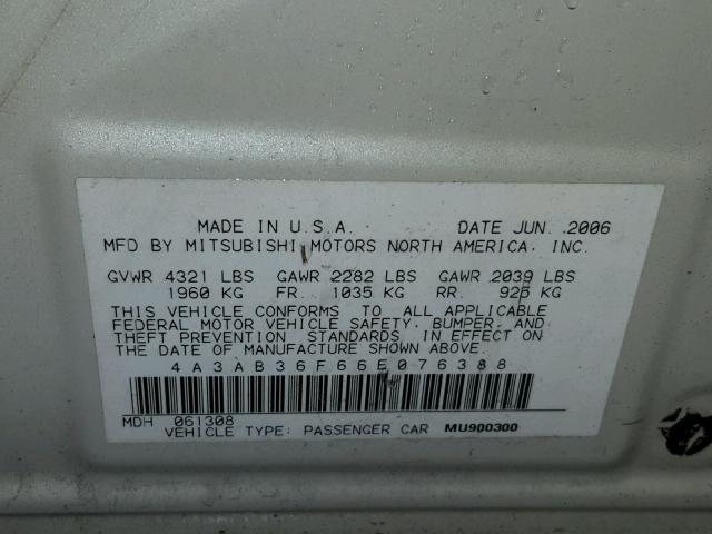 4A3AB36F66E076388 - 2006 MITSUBISHI GALANT ES WHITE photo 10