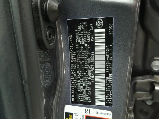 4T1BK1EB7EU105388 - 2014 TOYOTA AVALON BAS Szary zdjęcie 10