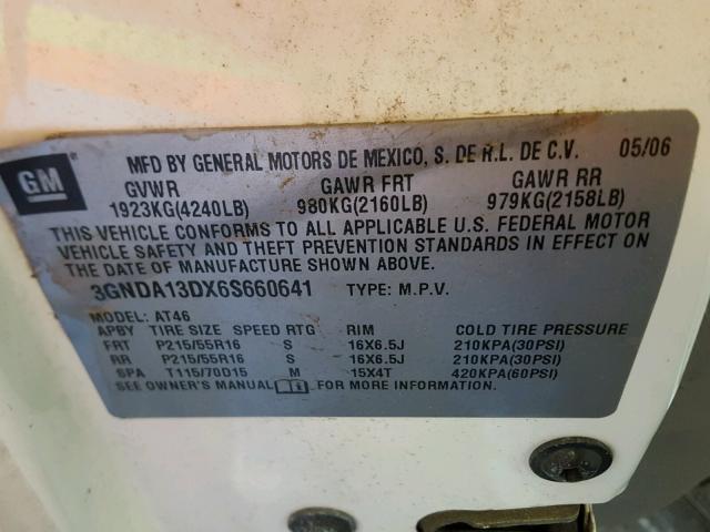 3GNDA13DX6S660641 - 2006 CHEVROLET HHR LS WHITE photo 10