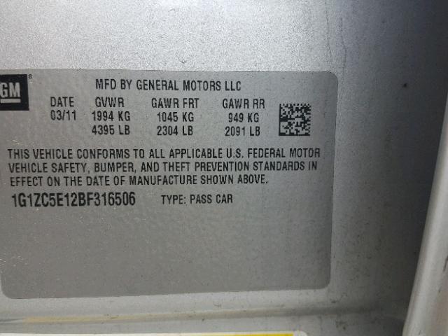 1G1ZC5E12BF316506 - 2011 CHEVROLET MALIBU 1LT 银色 照片 10