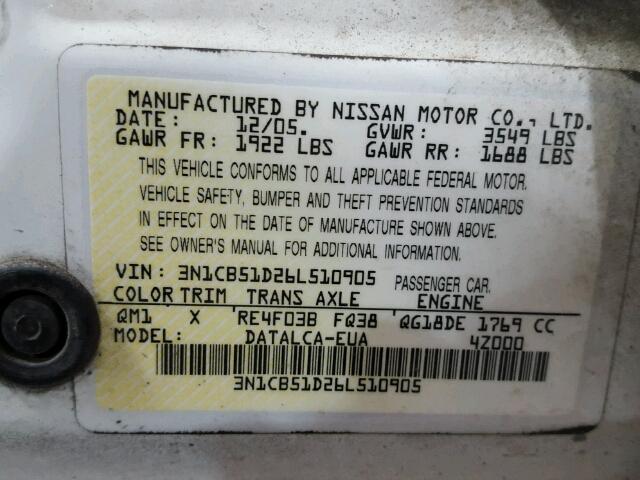 3N1CB51D26L510905 - 2006 NISSAN SENTRA 1.8 WHITE photo 10