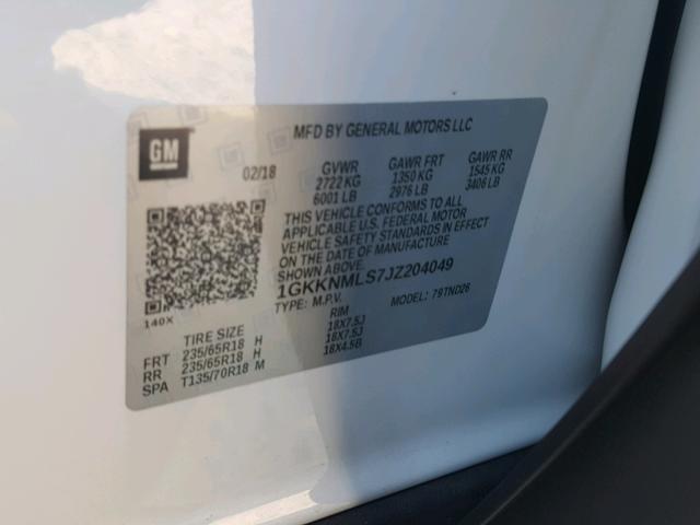 1GKKNMLS7JZ204049 - 2018 GMC ACADIA SLT თეთრი ფოტო 10