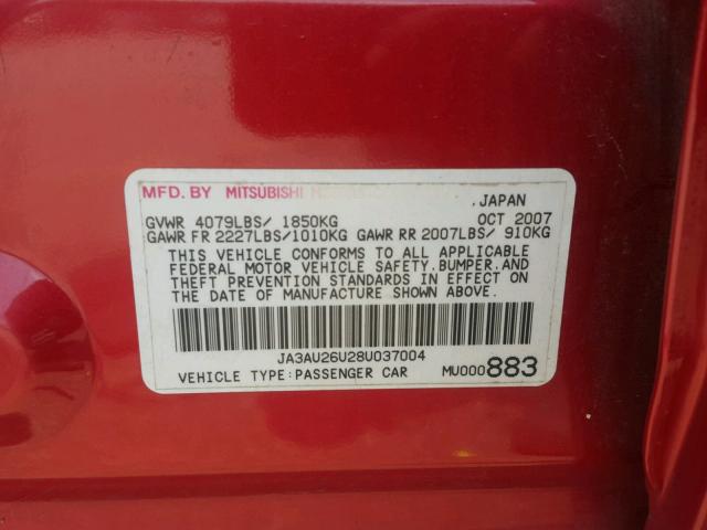 JA3AU26U28U037004 - 2008 MITSUBISHI LANCER ES RED photo 10