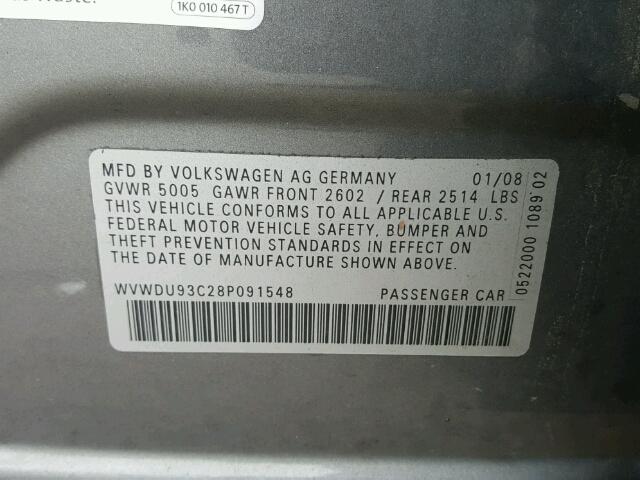 WVWDU93C28P091548 - 2008 VOLKSWAGEN PASSAT VR6 GRAY photo 10