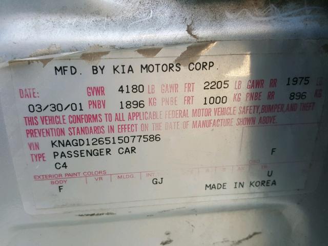 KNAGD126515077586 - 2001 KIA OPTIMA MAG SILVER photo 10