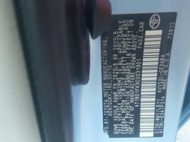 4T1BD1FK9CU031901 - 2012 TOYOTA CAMRY HYBR 蓝色 照片 10