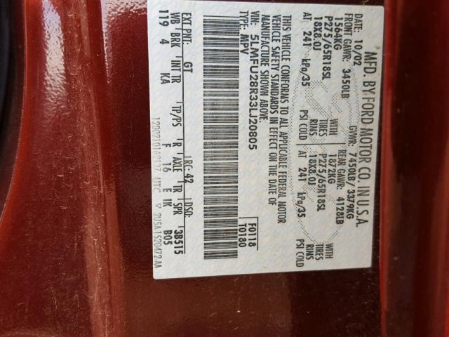 5LMFU28R33LJ20805 - 2003 LINCOLN NAVIGATOR მუქწითელი ფოტო 10