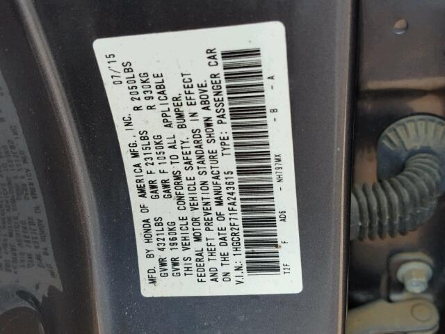 1HGCR2F71FA243615 - 2015 HONDA ACCORD GRAY photo 10