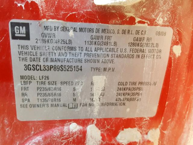 3GSCL33P89S525154 - 2009 SATURN VUE XE RED photo 10