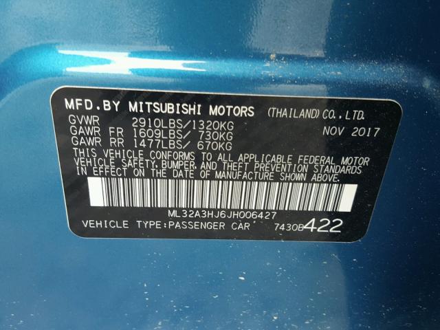 ML32A3HJ6JH006427 - 2018 MITSUBISHI MIRAGE ES BLUE photo 10