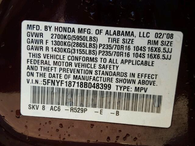 5FNYF18718B048399 - 2008 HONDA PILOT BURGUNDY photo 10