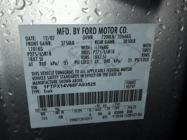 1FTPX14V68FA93525 - 2008 FORD F150 SILVER photo 10