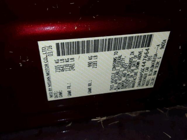 1N4AA6AP5GC447664 - 2016 NISSAN MAXIMA 3.5 MAROON photo 10