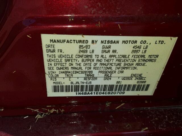 1N4BA41E04C820709 - 2004 NISSAN MAXIMA SE BURGUNDY photo 10