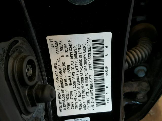 2HGFC1F78GH633574 - 2016 HONDA CIVIC EXL 黑色 照片 10