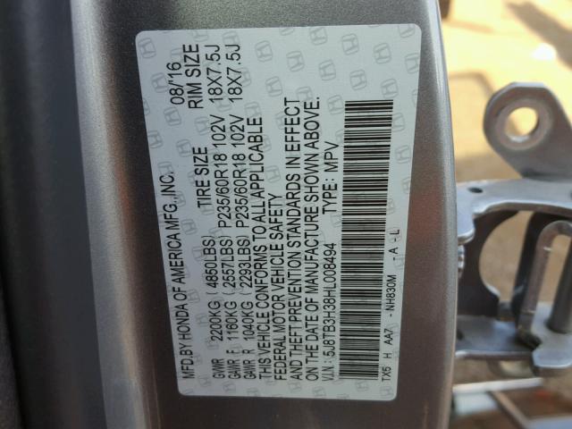 5J8TB3H38HL008494 - 2017 ACURA RDX BASE SILVER photo 10