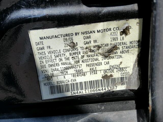 1N4AL11D66N443757 - 2006 NISSAN ALTIMA S/S BLACK photo 10