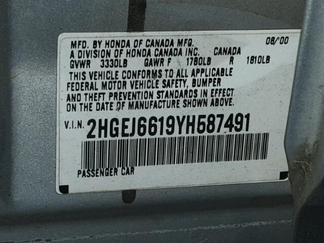 2HGEJ6619YH587491 - 2000 HONDA CIVIC BASE Gümüş foto 10