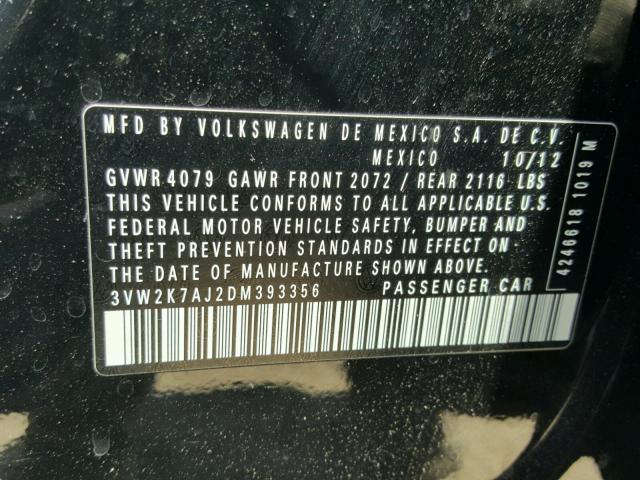 3VW2K7AJ2DM393356 - 2013 VOLKSWAGEN JETTA BASE BLACK photo 10