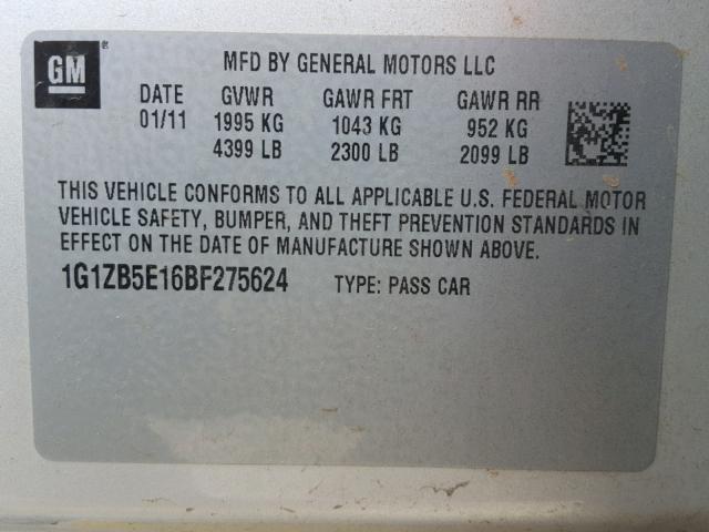 1G1ZB5E16BF275624 - 2011 CHEVROLET MALIBU LS ვერცხლისფერი ფოტო 10