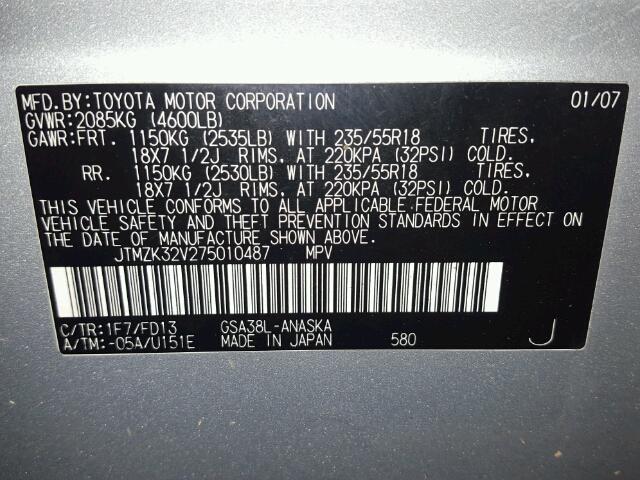 JTMZK32V275010487 - 2007 TOYOTA RAV4 SPORT SILVER photo 10