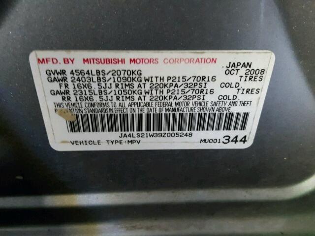 JA4LS21W39Z005248 - 2009 MITSUBISHI OUTLANDER SILVER photo 10