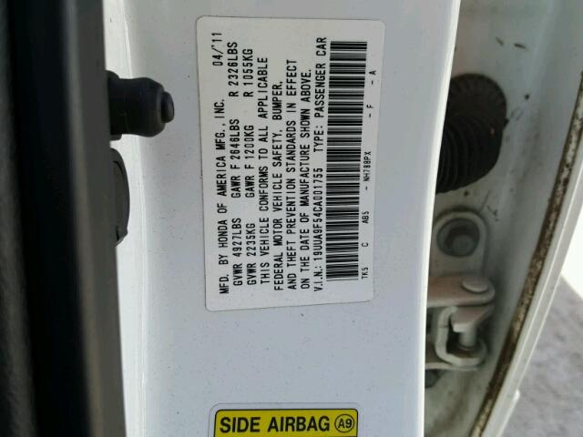 19UUA9F54CA001755 - 2012 ACURA TL WHITE photo 10