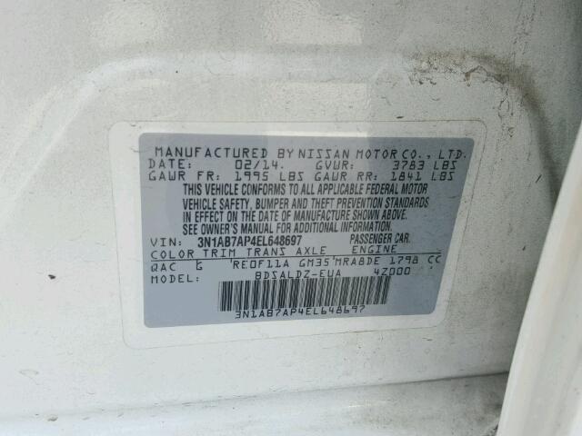 3N1AB7AP4EL648697 - 2014 NISSAN SENTRA WHITE photo 10