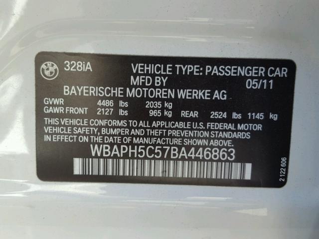 WBAPH5C57BA446863 - 2011 BMW 328 I SULE WHITE photo 10