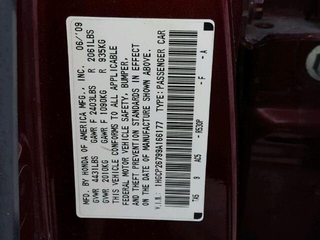 1HGCP26799A166177 - 2009 HONDA ACCORD BURGUNDY photo 10