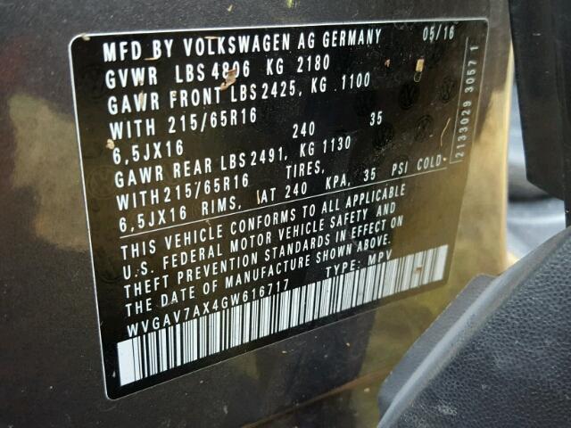 WVGAV7AX4GW616717 - 2016 VOLKSWAGEN TIGUAN GRAY photo 10